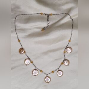 Vintage Sterling Silver w/ 7 Iridescent Peach Copper Dangle Coin Pearls & Crysta